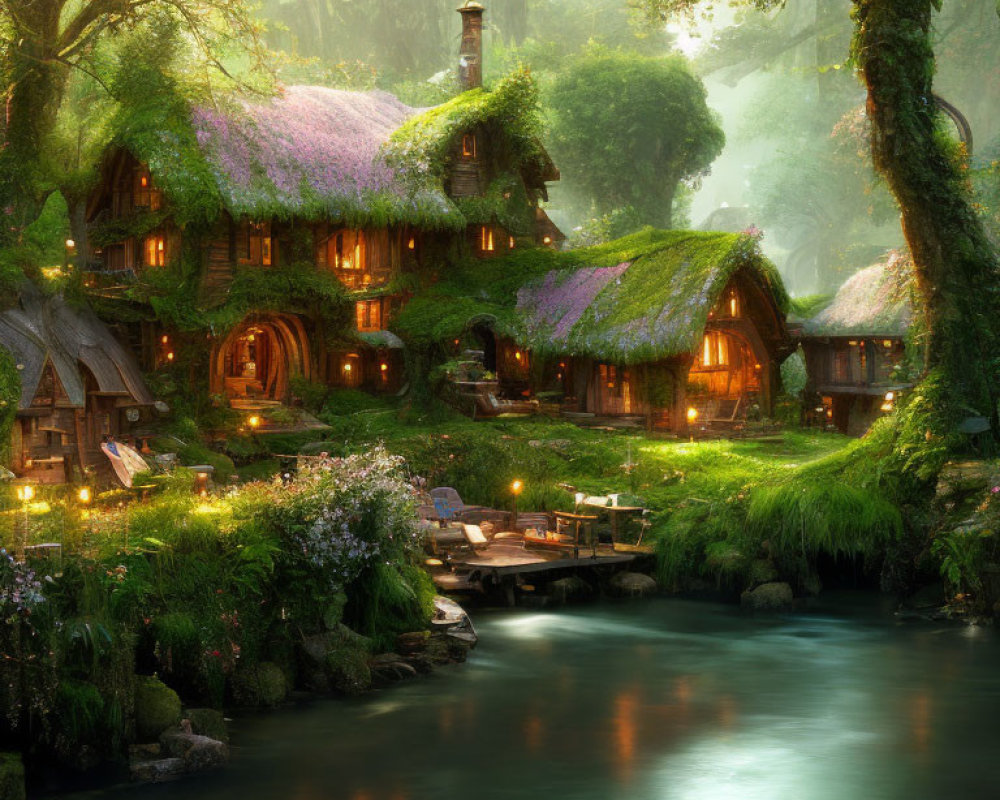 Forest Houses with Glowing Windows and Thatched Roofs by River at Twilight