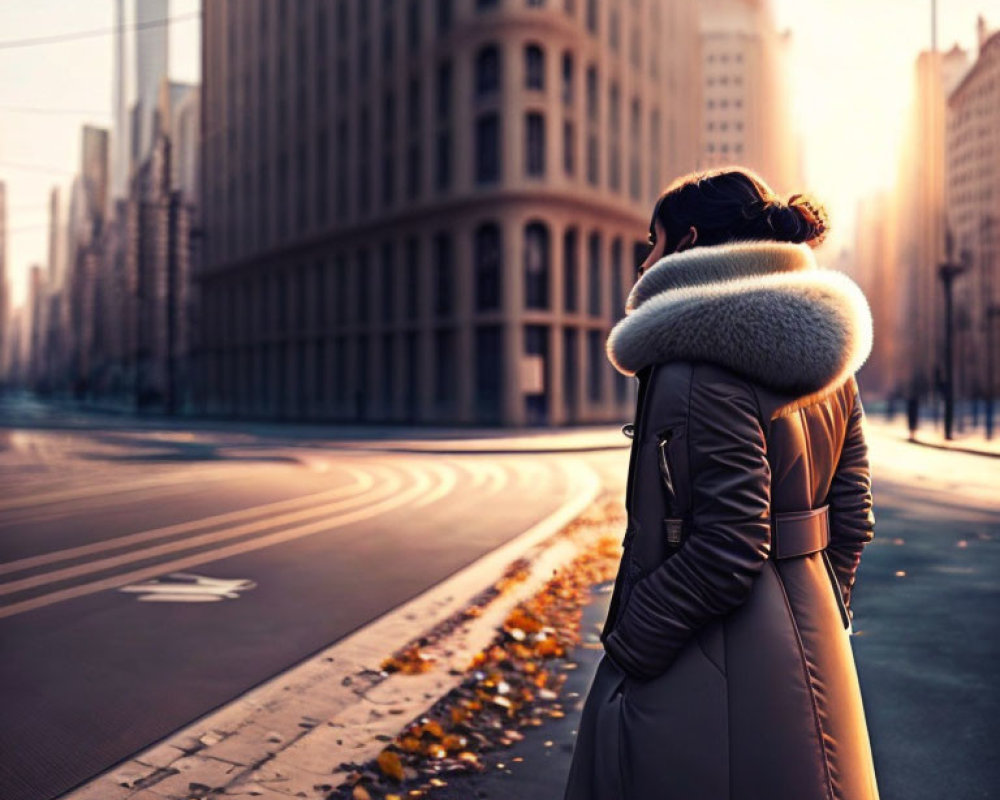 Stylish coat person on urban street at sunrise with autumn leaves