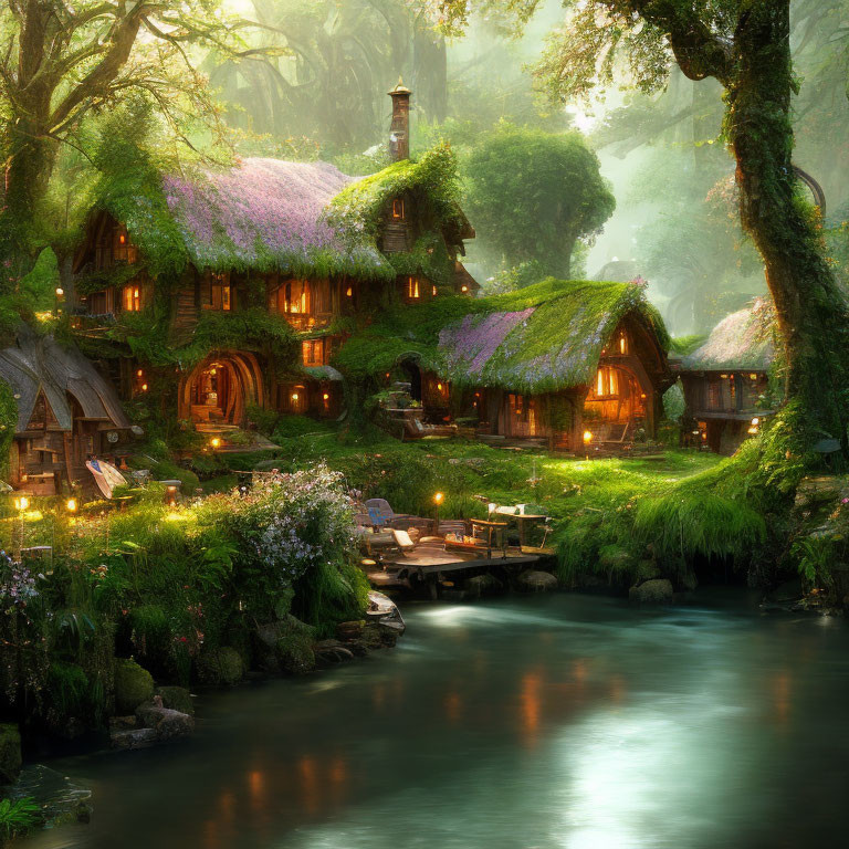 Forest Houses with Glowing Windows and Thatched Roofs by River at Twilight