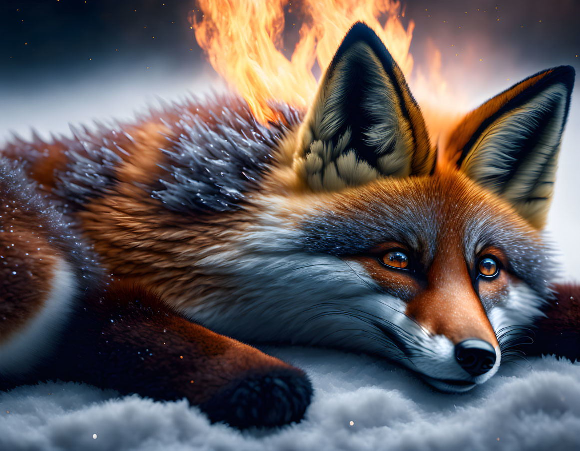 Hyperrealistic Illustration of Red Fox in Snow with Frosted Fur and Flames