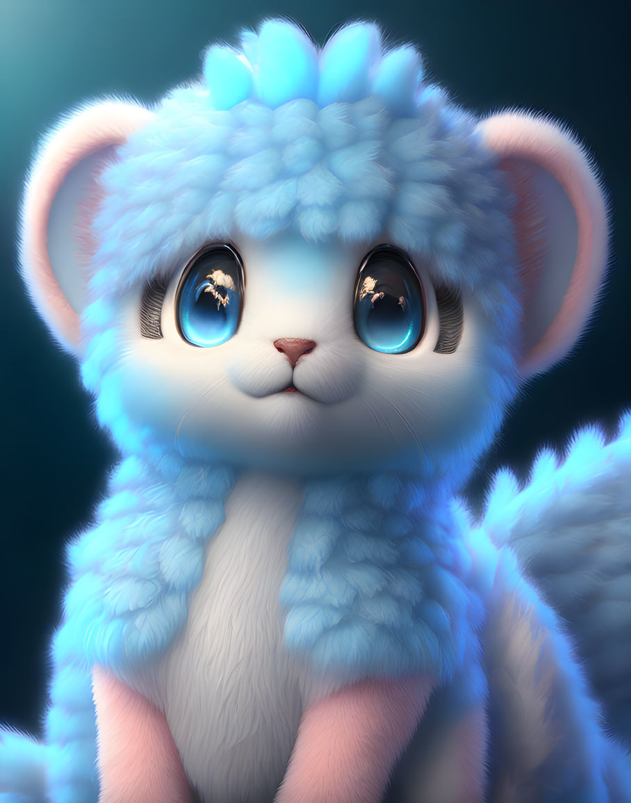 Blue Fluffy Fantasy Kitten with Big Eyes and Small Smile