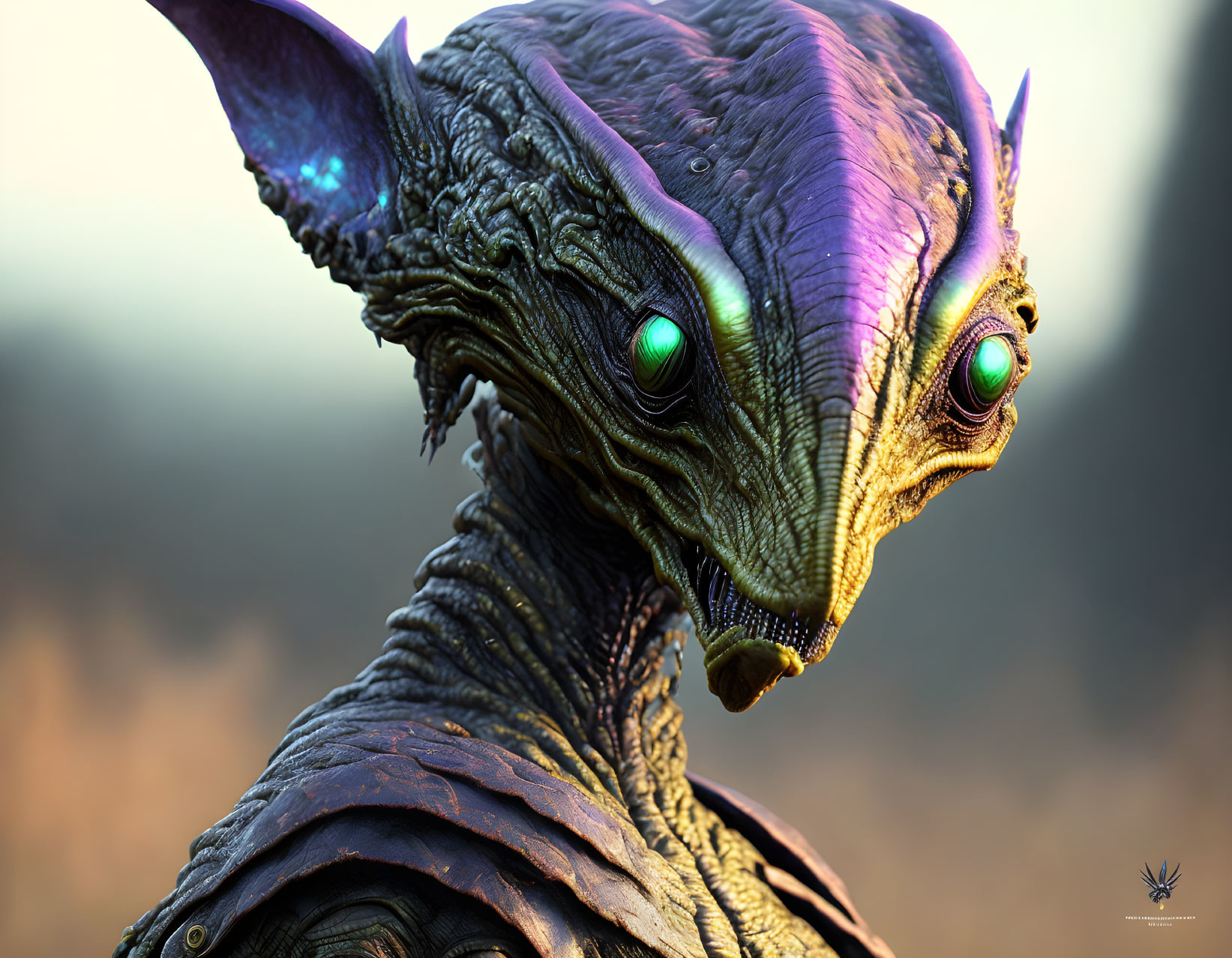 Purple-skinned alien with green eyes in textured armor portrait.