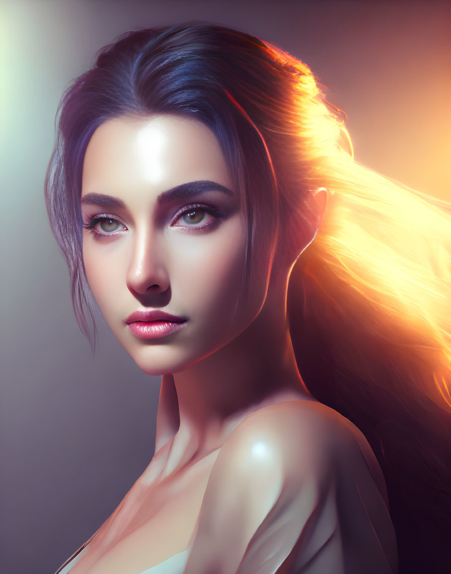 Portrait of woman with flowing hair, dramatic lighting and warm/cool hues