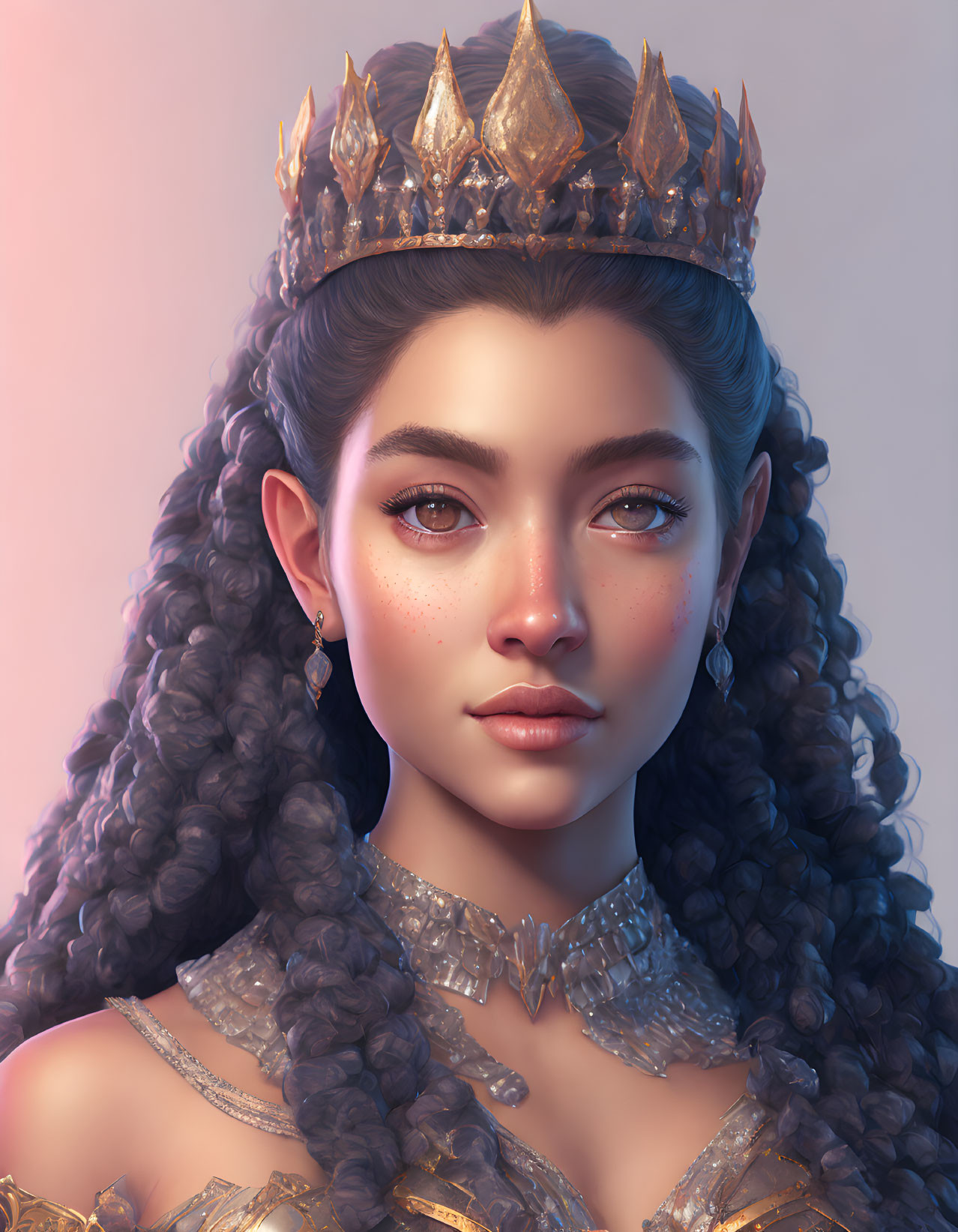 Regal fantasy queen digital art with ornate crown and crystalline collar