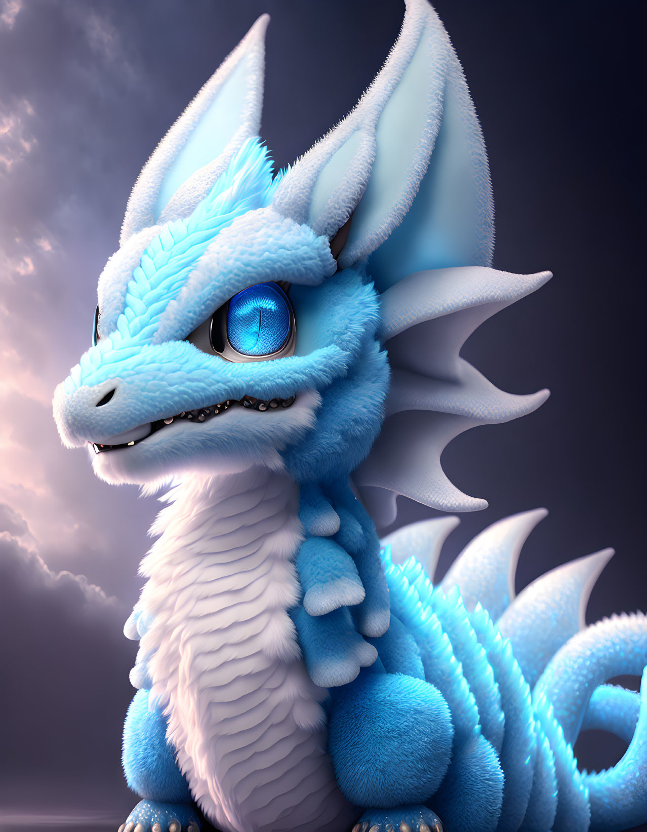 Blue Dragon 3D Illustration with Large Eyes and Spiky Back