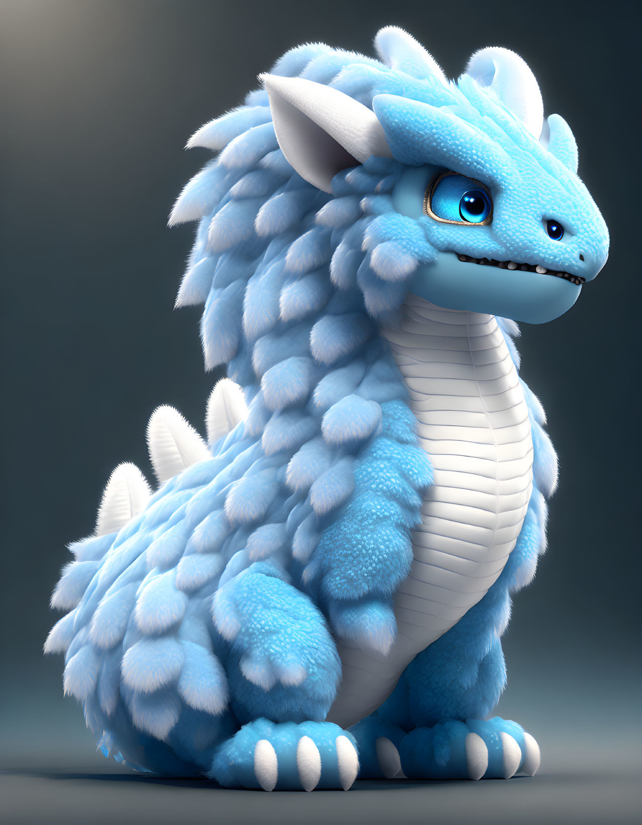 Blue and White Fluffy Dragon with Big Eyes and Soft Scales