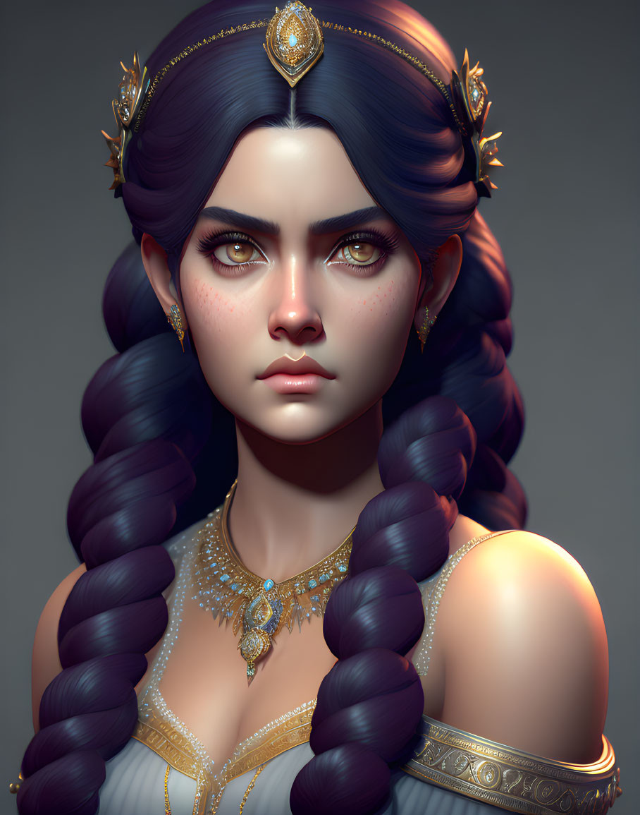 Female character with dark blue hair in braids, wearing gold crown and jewelry, with striking green eyes