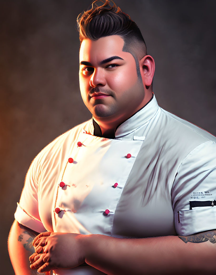 Chef in White Jacket with Red Buttons and Tattoo Poses with Crossed Arms