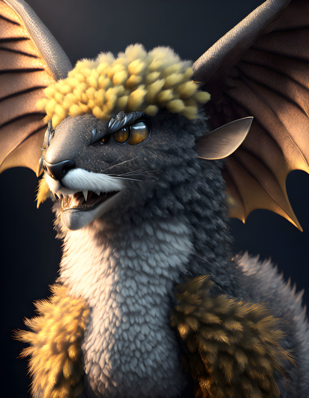 Fantastical creature with dragon-like wings and lion-like mane on dark background