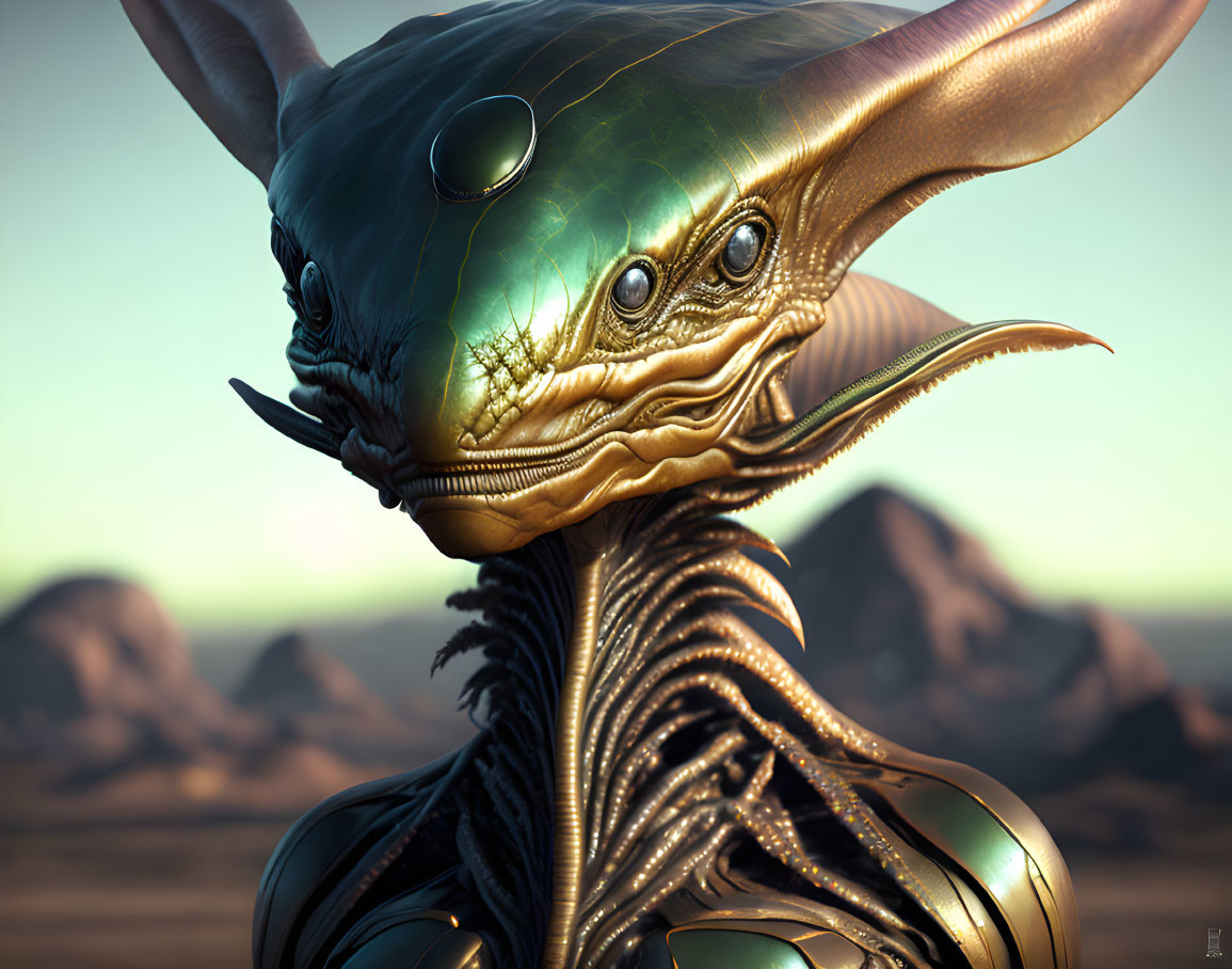 Detailed digital artwork: Alien with glossy body, multiple eyes, ornate head structures, in desert backdrop