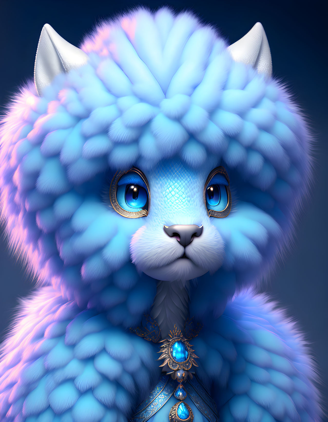 Fantastical blue creature with amber eyes and gemstone collar