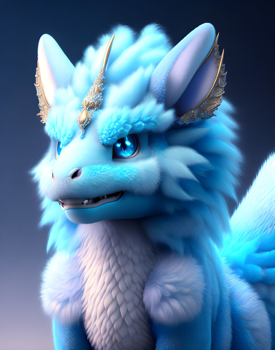 Whimsical blue furry dragon with golden horns and gentle expression