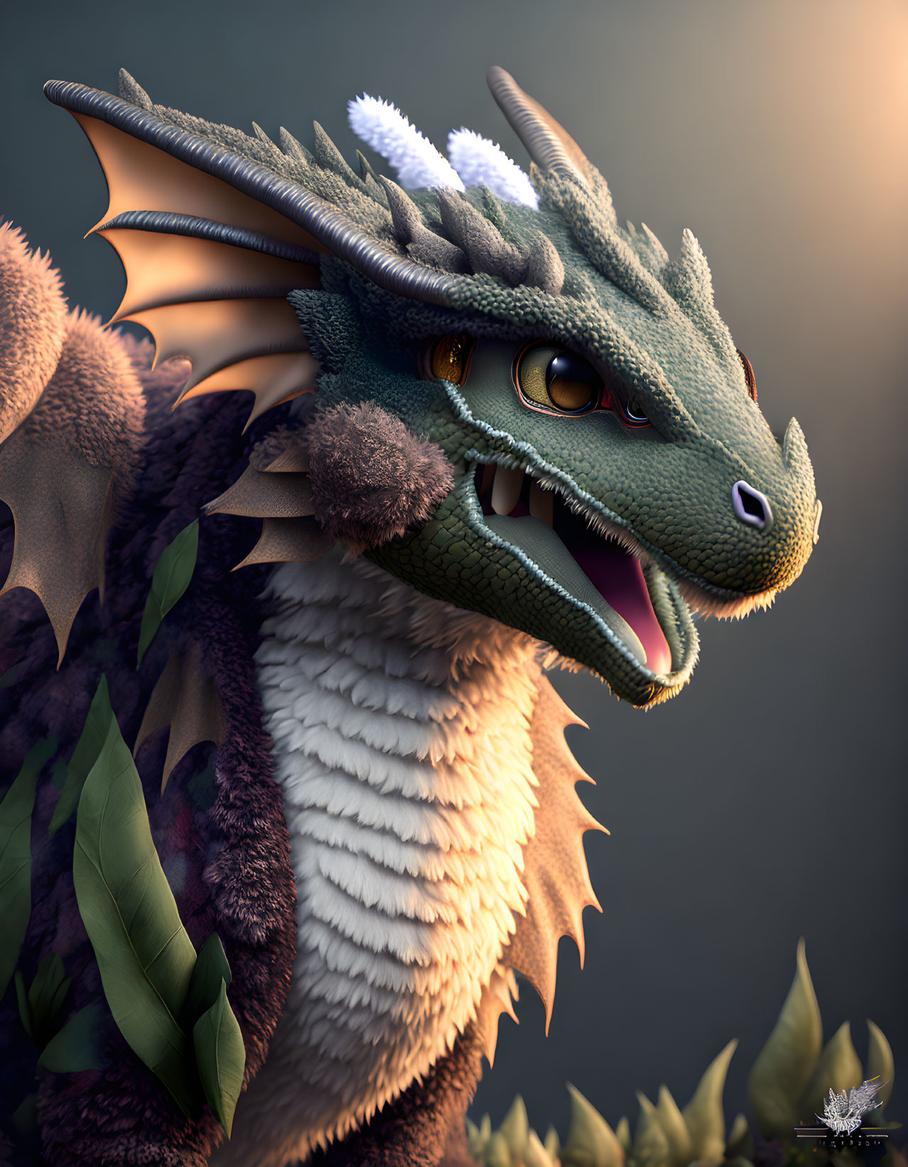 Detailed Digital Artwork: Friendly Dragon with Green Scales & Yellow Eyes