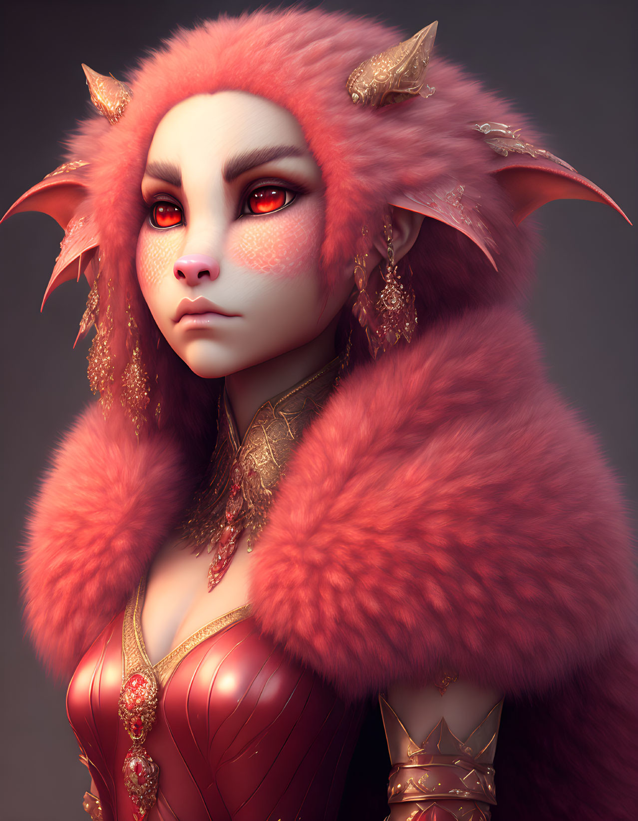 Fantasy character digital artwork with red eyes, fur-lined ears, golden earrings, and armor elements on