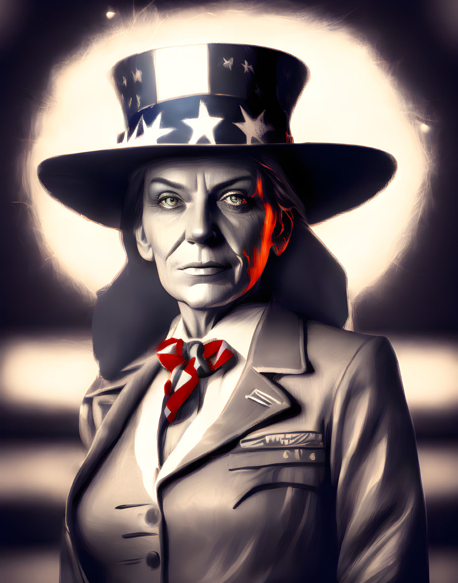 Stylized portrait of person in patriotic top hat with stars and stripes, dramatic lighting, monoch