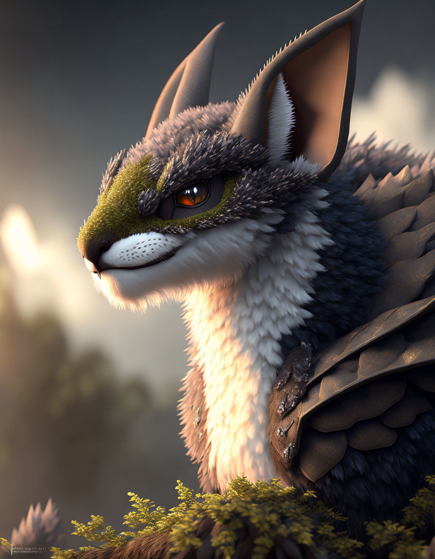 Digital illustration: Lynx-headed mythical creature with intense orange eyes and feathered shoulders in forest