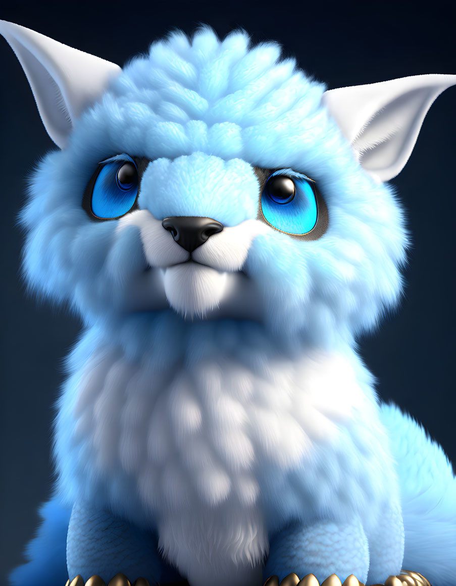 Blue fantasy creature with large ears and bright eyes on dark background