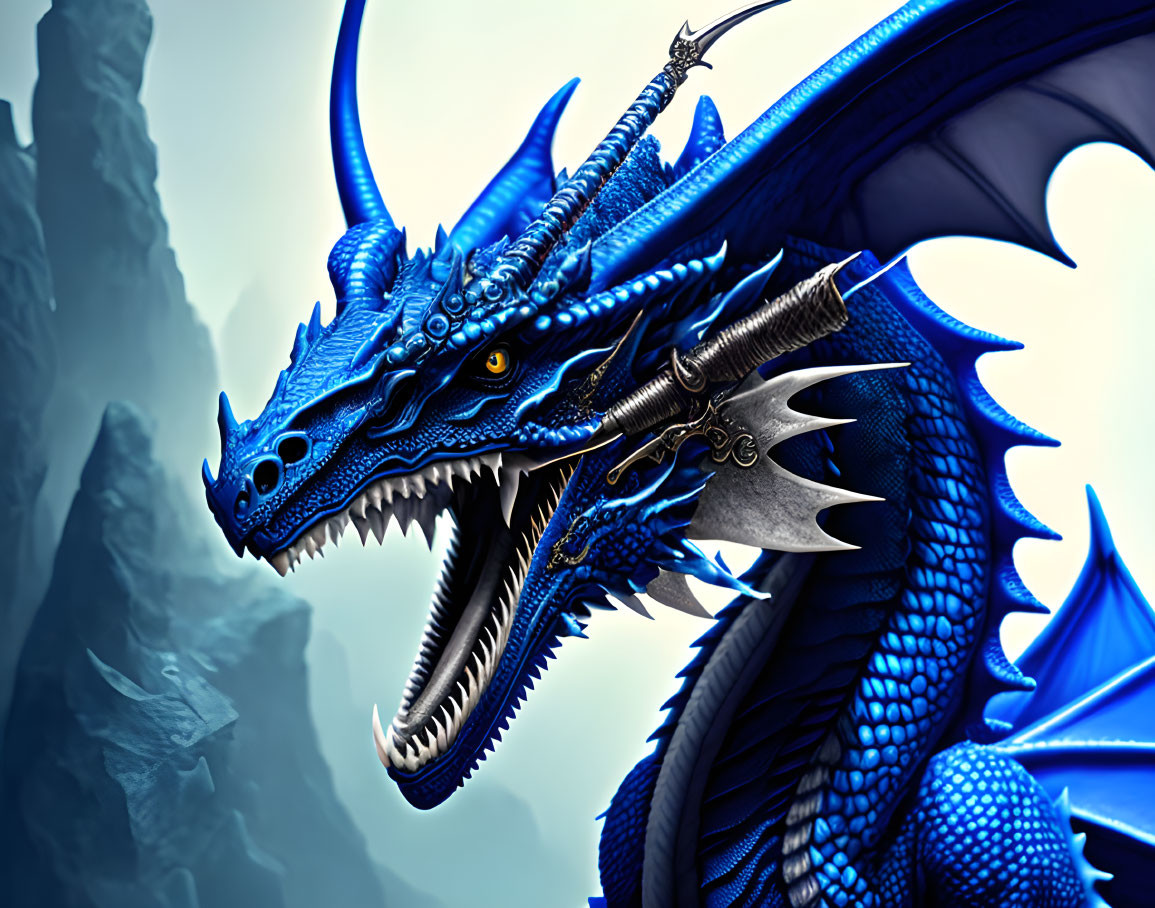 Detailed Blue Dragon with Intricate Scales and Large Wings Holding Sword Against Misty Mountainous Backdrop