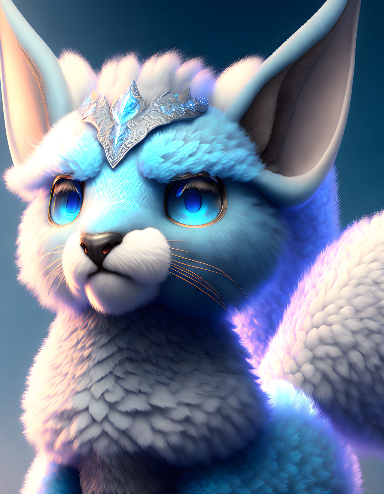 Blue furry fantasy creature with large ears and silver crown accessory