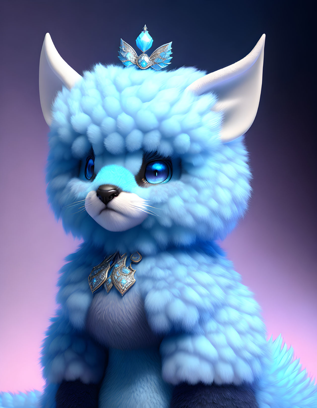 Blue Fluffy Fantasy Creature with Crown and Pendant on Purple Background