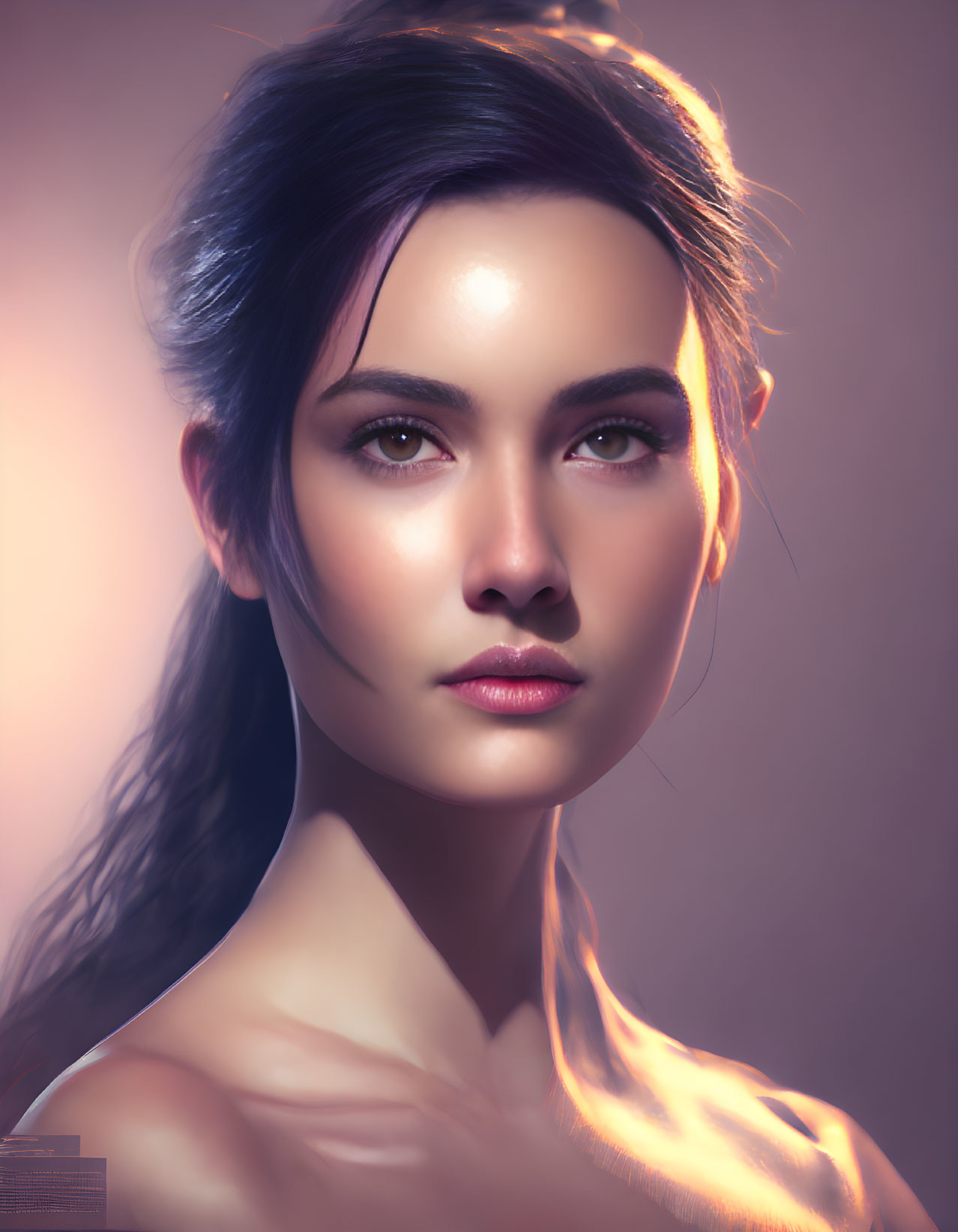 Contemplative digital art portrait of a woman with glowing skin