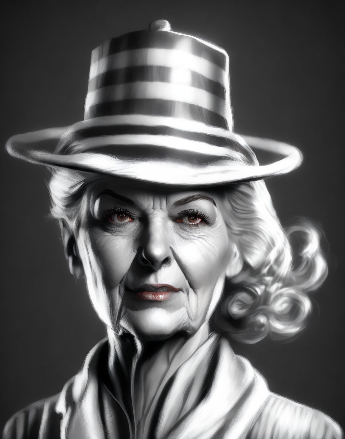 Monochrome portrait of stylish older woman with red eyes and striped hat.