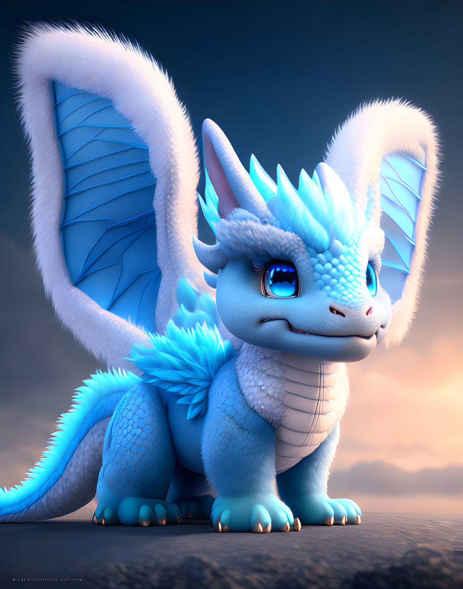 Blue dragon with fluffy fur and expressive eyes against sunset sky