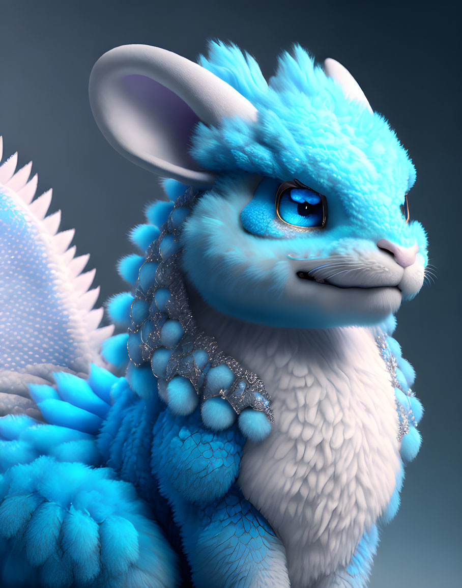 Fantasy Creature 3D Illustration: Blue Rabbit Head with Dragon-like Spikes