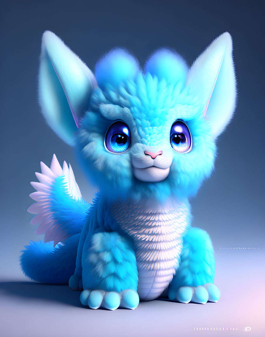 Blue fluffy fantasy creature with feline features and wings on plain background