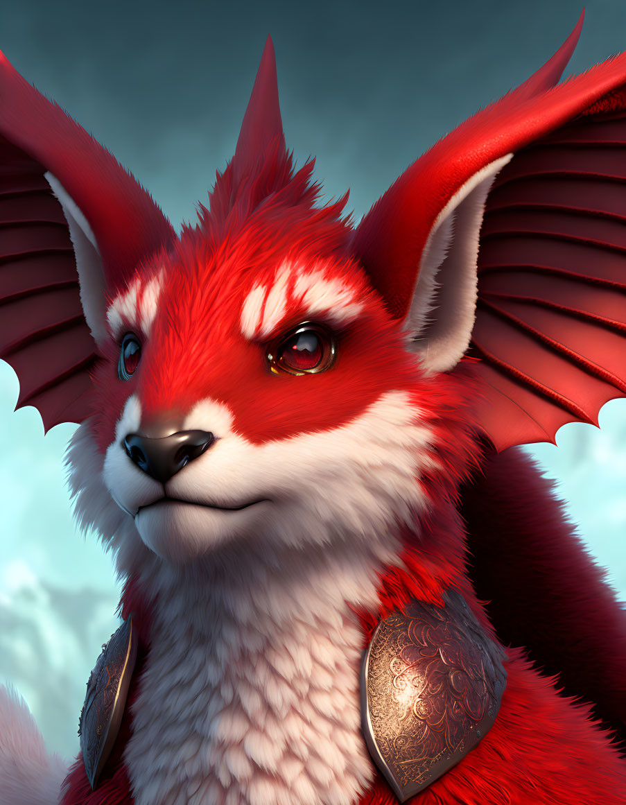 Detailed 3D Illustration of Red Anthropomorphic Fox with Bat-Like Wings