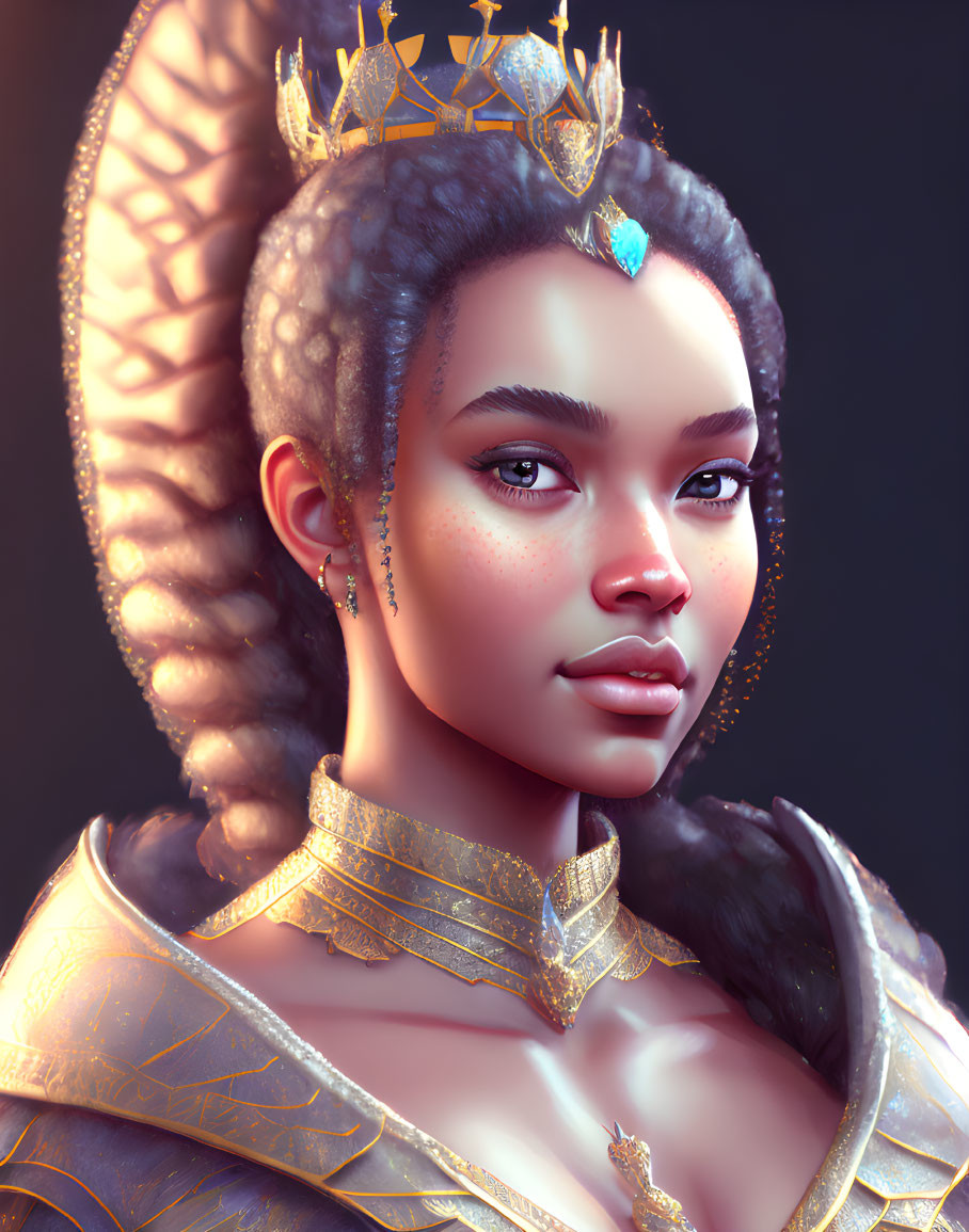 Digital Portrait of Woman in Golden Crown and Armor on Dark Background