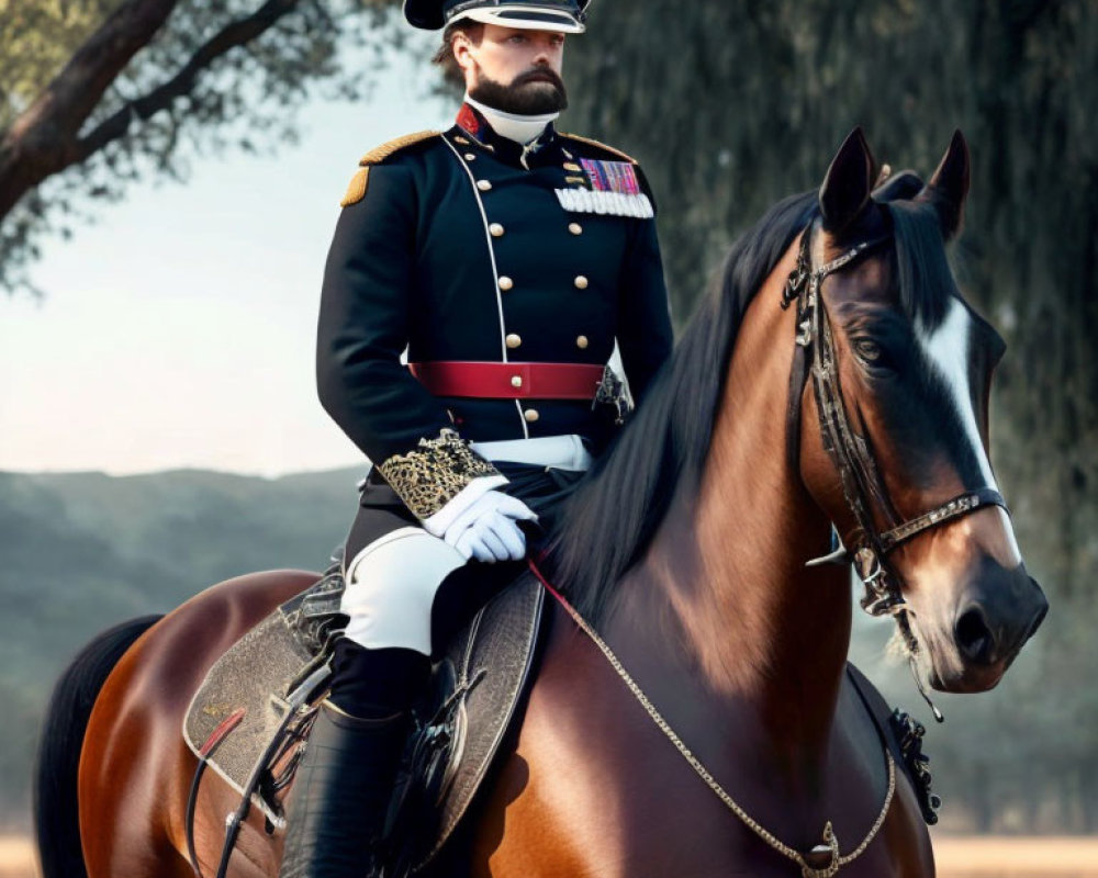 Uniformed Person with Medals Riding Majestic Horse in Serene Setting