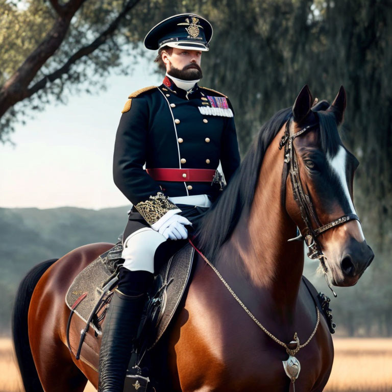 Uniformed Person with Medals Riding Majestic Horse in Serene Setting