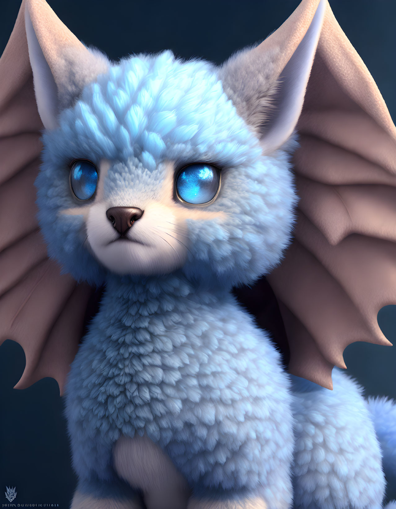 Blue furry creature with cat-like ears, big eyes, and leathery wings on dark background