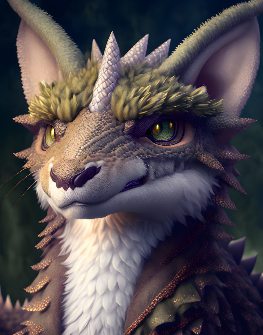 Fantasy illustration of feline-dragon creature with scales, horns, and expressive eyes