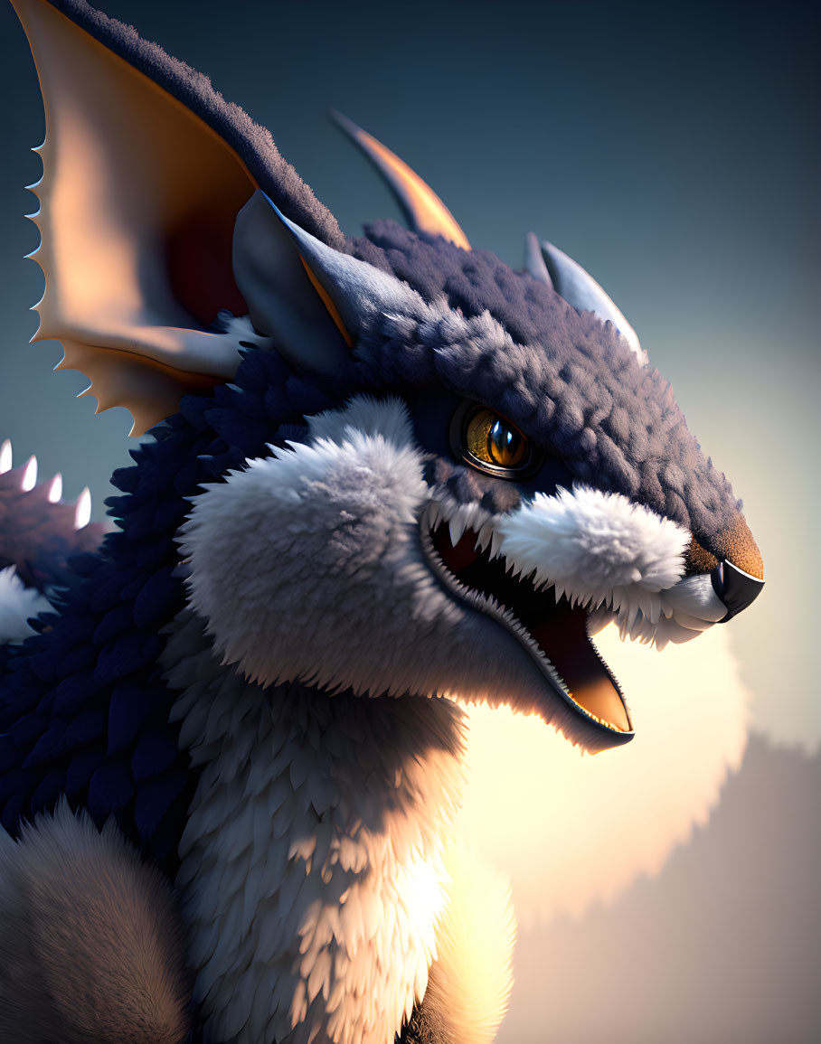 Detailed 3D-animated dragon with blue scales and amber eyes