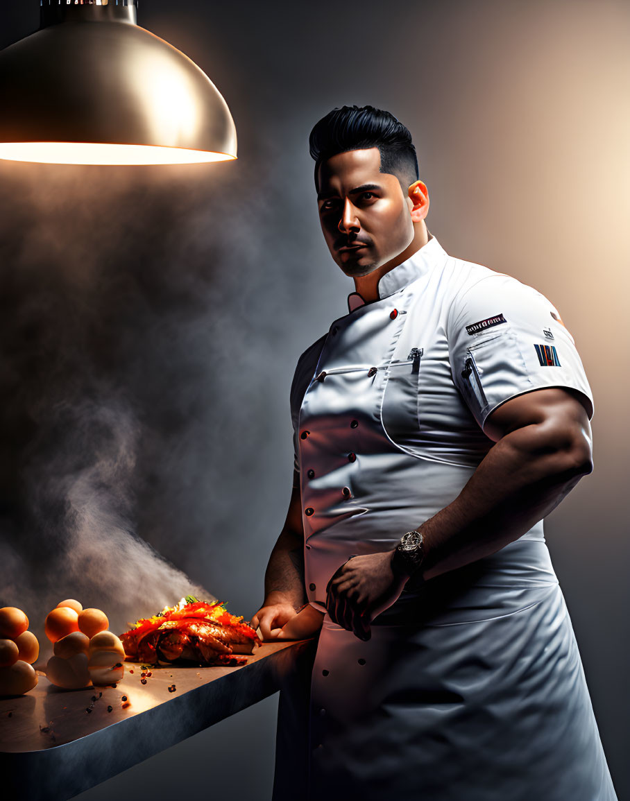 Professional chef in white uniform with sizzling pan in warm light on dark backdrop