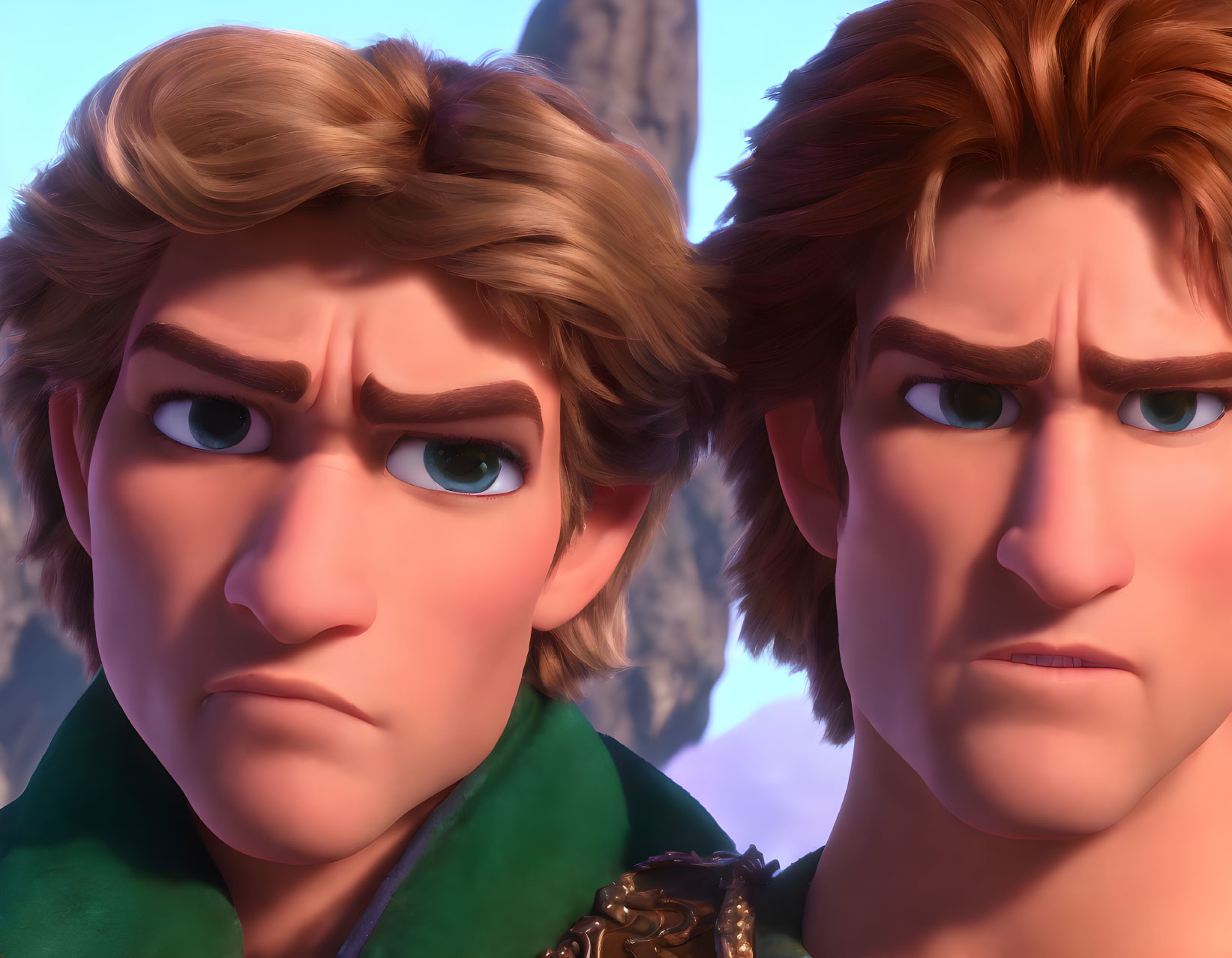 Two animated male characters with concerned expressions in close-up view.