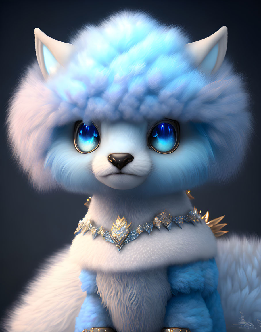 Blue fluffy fantasy creature with big eyes, pointed ears, jeweled collar and cape