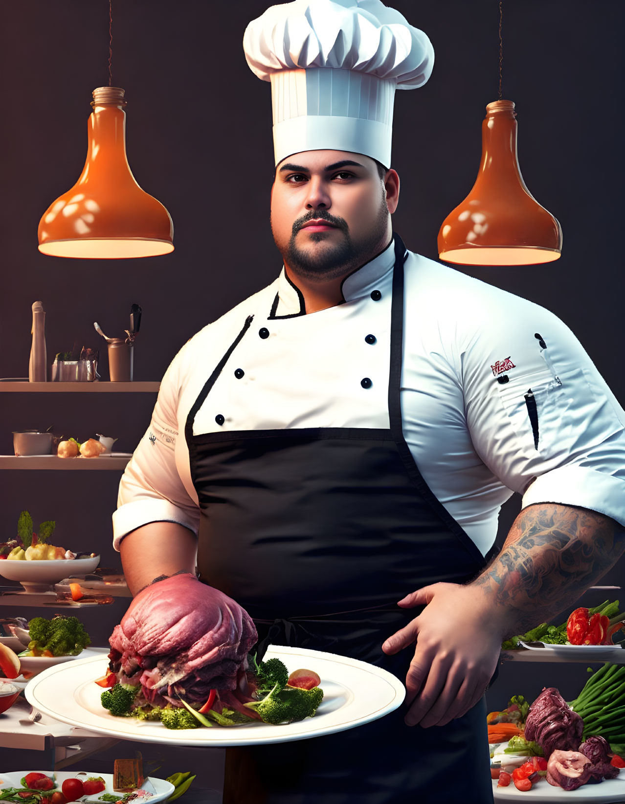 Chef in white uniform presenting plated dish with vegetables in warm kitchen setting