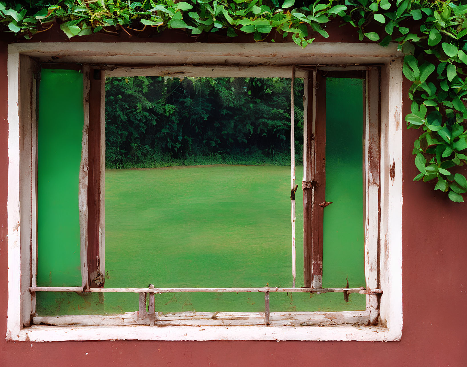 White-framed Window in Red Wall with Green Vines Overlooking Field or Water