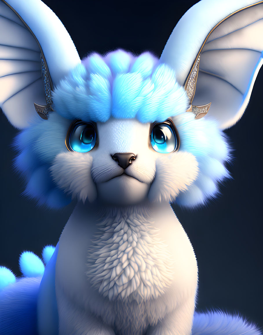 Fluffy Blue Creature with Large Ears and Metallic Accents