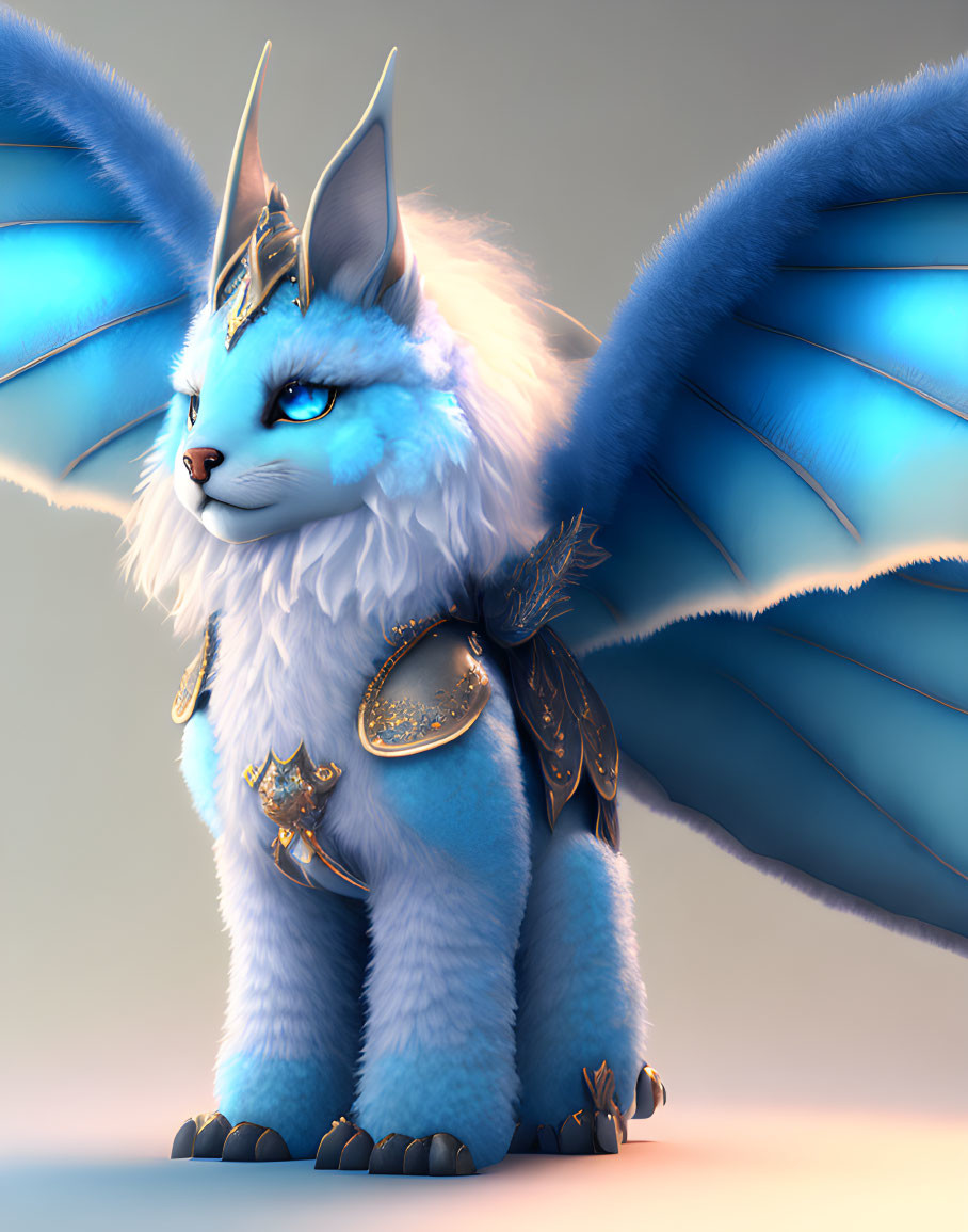 Blue-Furred Fantasy Creature with Dragon Wings and Gold Armor on Soft Background