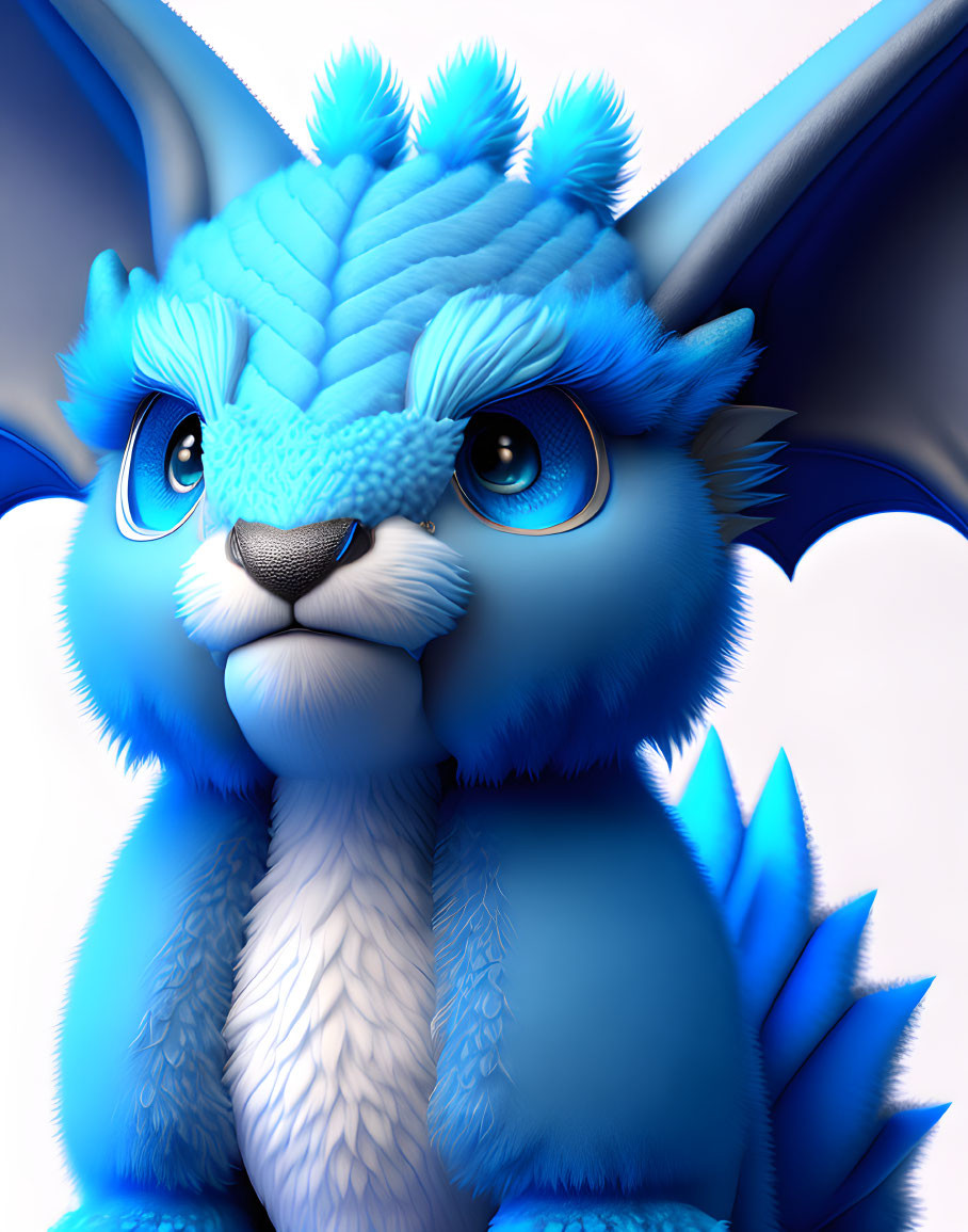 Blue dragon-like creature with expressive eyes, furry face, pointy ears, and dark wings