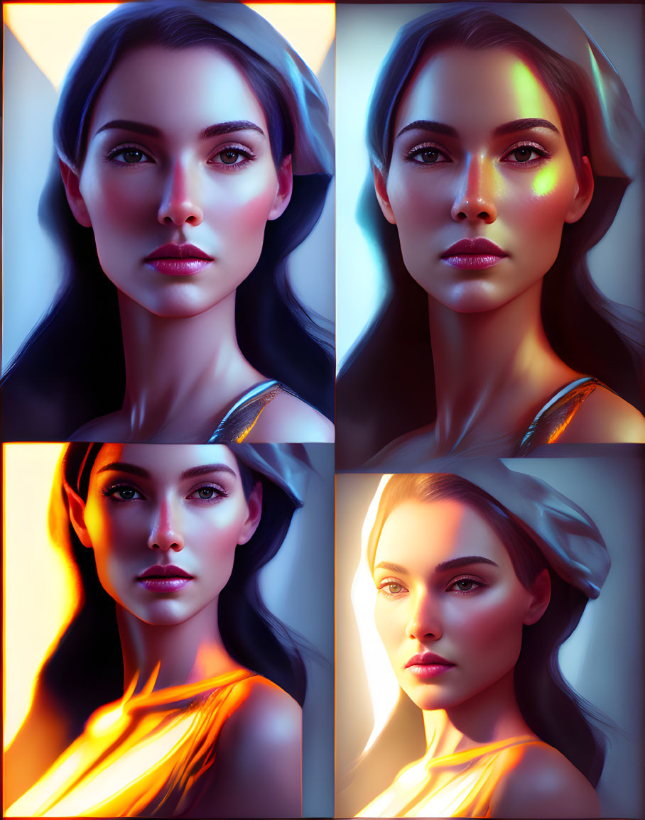 Four portraits of a woman with warm and cool lighting, showcasing unique facial features.