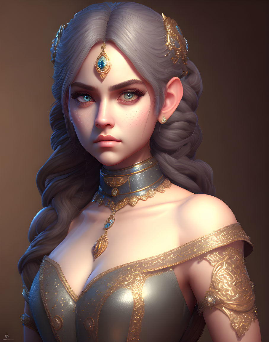 Elaborately Braided Gray-Haired Woman in Golden Jewelry and Mystical Armor