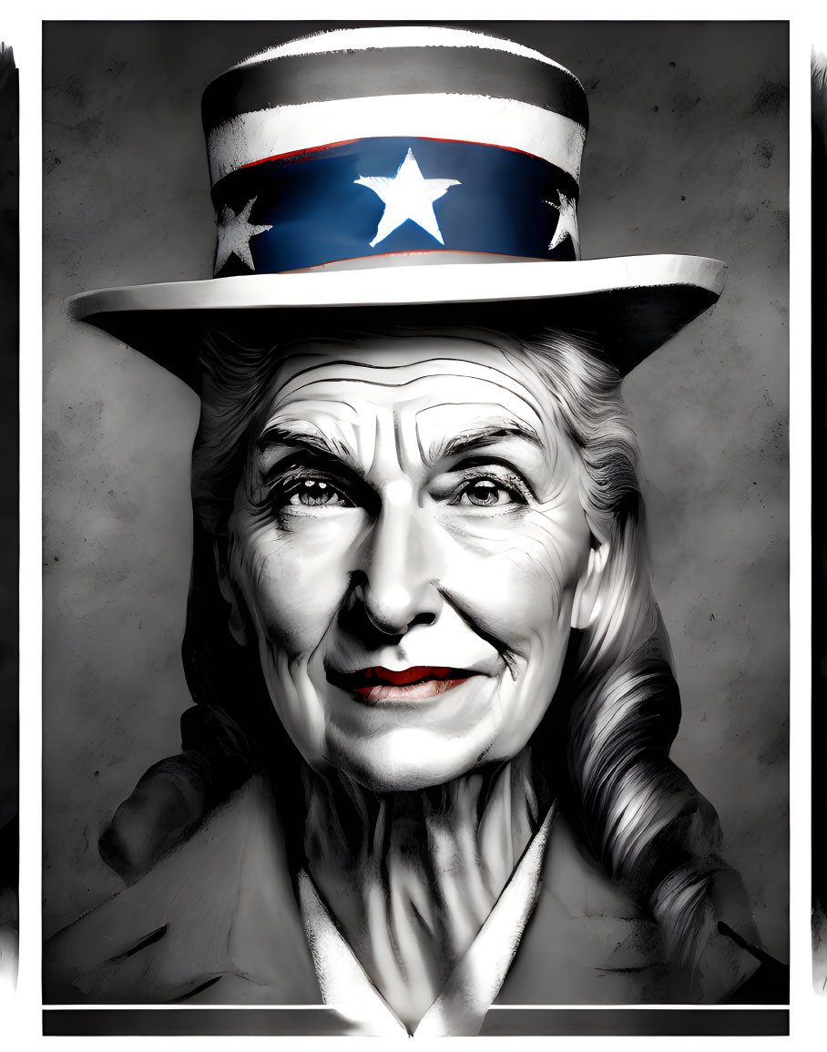 Monochrome portrait of stern elderly woman in patriotic hat