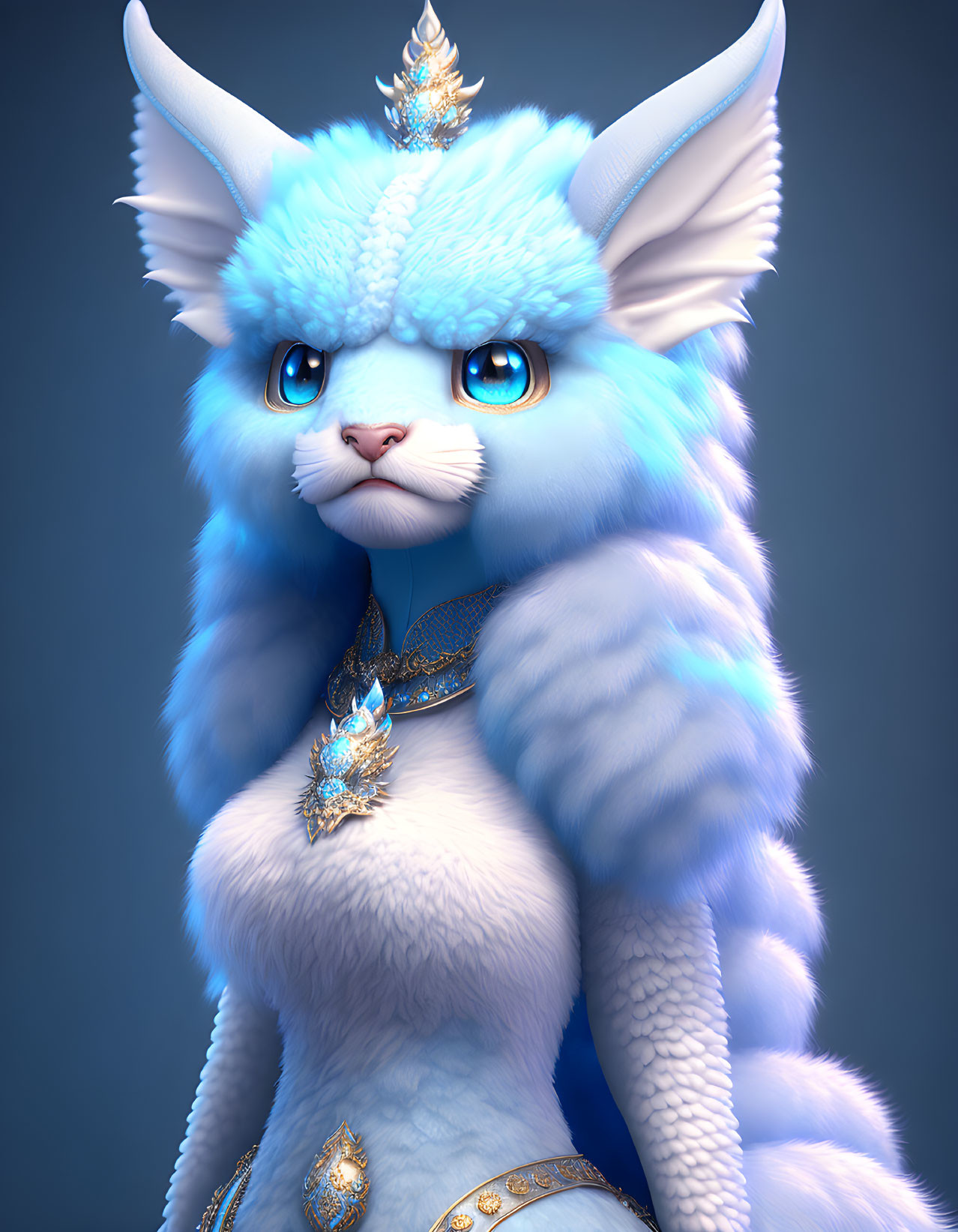 Blue fantasy creature with large ears and gold decorations.