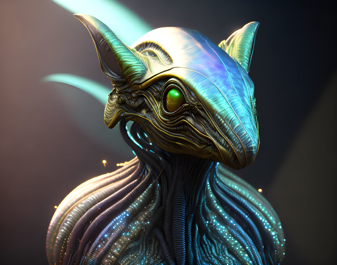 Shiny metallic alien creature with horns and green eyes