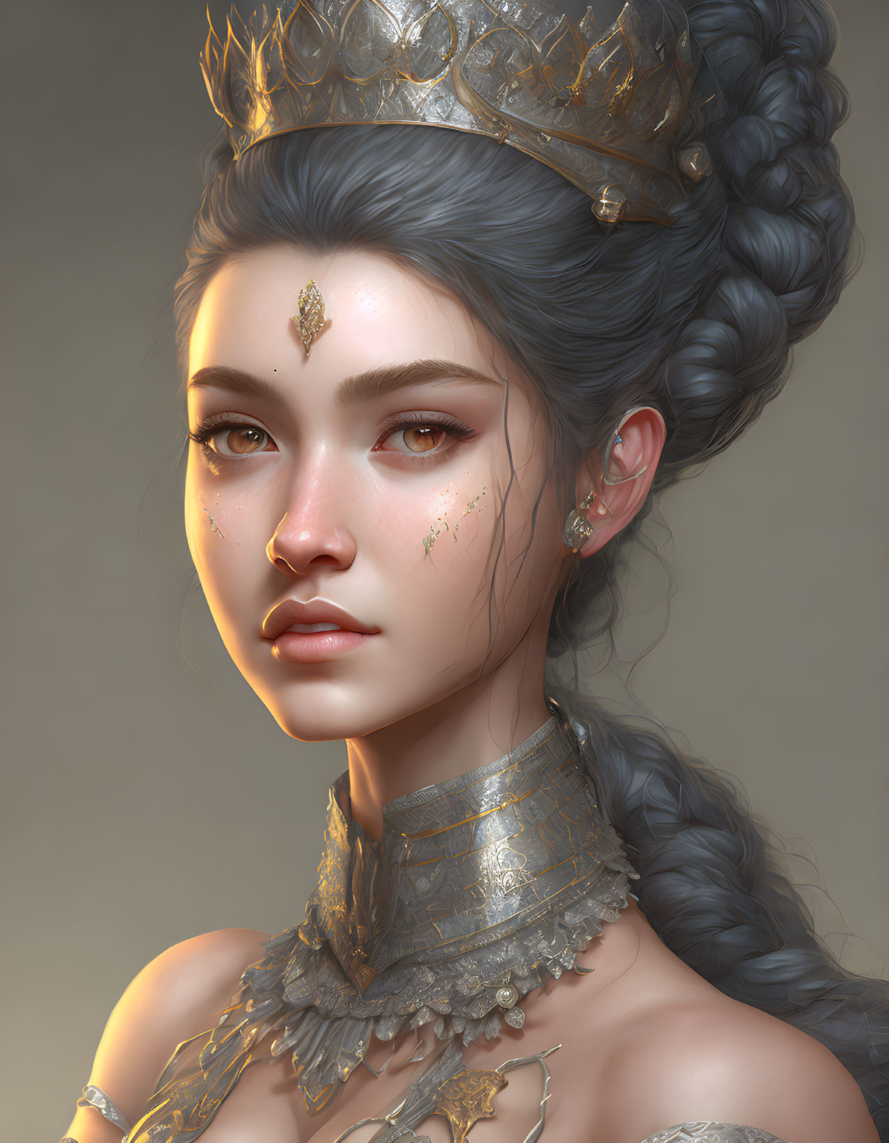 Regal woman digital portrait with golden headgear & facial jewelry